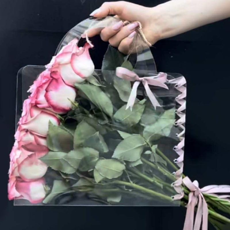 Image of Oasis Pack Of 10 Multipurpose Waterproof Transparent Bags With Handles For Floral Arrangement, Bouquets - Florist Supply, Gift Hamper Bags For Rakhi, Birthday, Diwali, House Warming & More | 30cm X 12cm X 25cm
