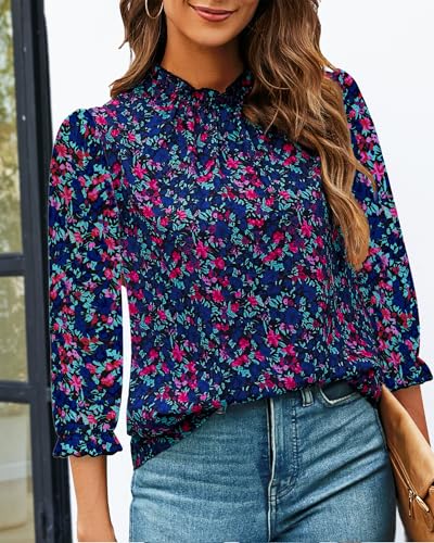SimpleFun Womens Blouses 3/4 Sleeve Ruffle Neck Printed Business Casual Tops Flowy Dressy Work Shirts2