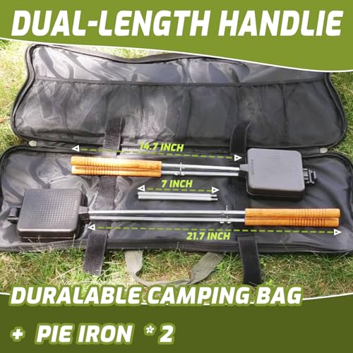 Image of Campfire Pie Iron 4.9 inch Large Cast Iron Sandwich Maker for Camping 2 Pcs with Storage Bag - 21.7 inch Adjustable Handles - Campfire Cooking Equipment for Grilling & Outdoor Cooking