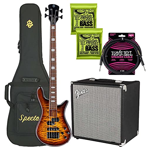 Spector EuroBolt 4 Bass Guitar – Tobacco Sunburst Gloss, Fender Rumble 25 v3 Amp, EBall Cable, (2) EBall 2832 Bundle