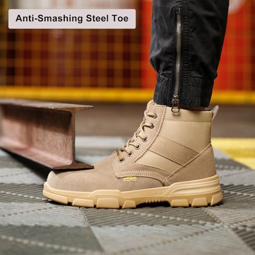Steel Toe Boots for Men or Women, Slip Resistant Work Boots Steel Toe Shoes Indestructible Tactical Mid Top Safety Shoes for Warehouse Industry Construction - Khaki3
