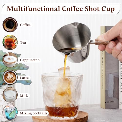 Image of Amrules 6.8oz Espresso Measuring Cup with Wood Handle & Double Spout,Silver