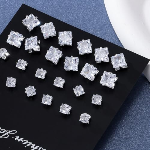 KISS WIFE Silver Stud Earrings Set for Women, Round Square Triangle Teardrop Shapes Pearl Clear Cubic Zirconia Stones Earring Packs Fashion Jewelry for Daily Wear Party Gift3