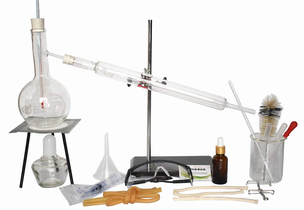 Kit de cristalería de laboratorio de 500 ml de destilación de vidrio aparato de destilación de aceite esencial destilador de agua purificador para hacer su propio aceite esencial,(condensador recto)