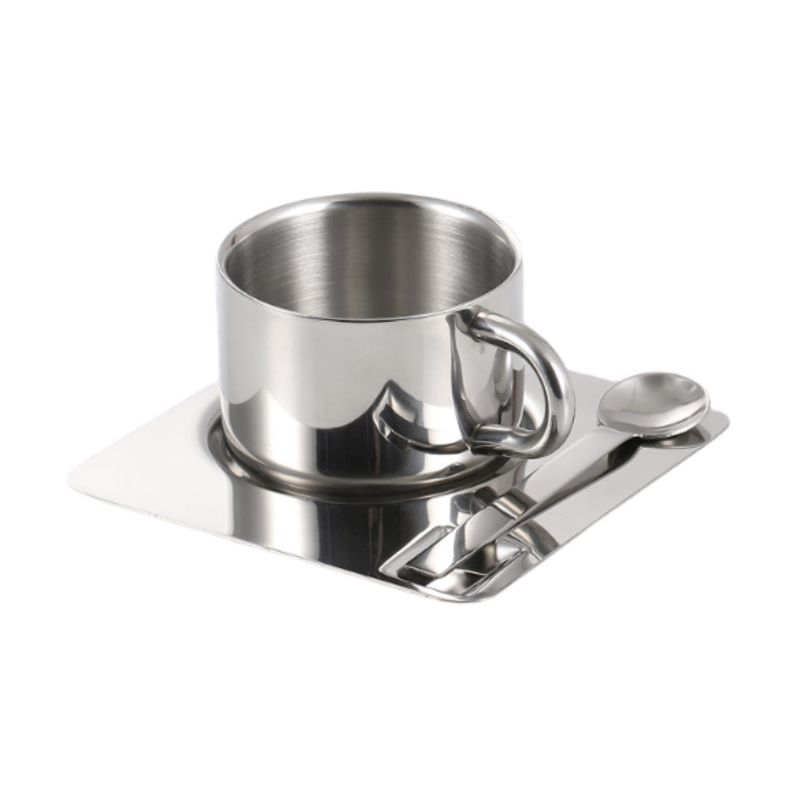 MagiDeal Taza de Café Juego con Plato y Tazas de Leche de Cuchara de Acero Inoxidable Taza de Té Portátil de Metal Portátil para Restaurante, Casa de Cocina