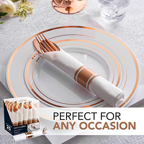 Pre Rolled Plastic Silverware Sets For Parties (25 Pack) Rose Gold Cutlery Set, Disposable Spoons, Forks, Knives, Napkins Prewrapped, Heavy Duty Utensils Individually Wrapped For Wedding, Thanksgiving #TOP1