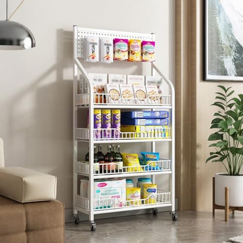 Présentoir à snacks blanc à 4 niveaux et étagère de rangement métallique mobile