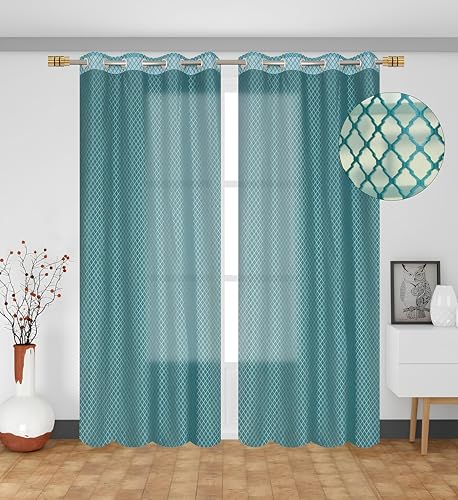 Image of Sheer Net Semi Transparent Home Decor Curtains for Living Room, Balcony Doors and Windows Panel, Parda, Eyelets Hanging, Aqua Blue, 4 x 7 Feet, Pack of 2