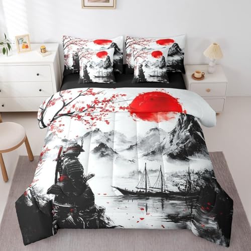 Piumino Singolo Samurai Giapponese Trapunte Fiori Di Ciliegio Piumone Imbottito Resistente Lavabile, Super Morbida Trapunta, piumini 135x200 cm in Microfibra Reversibile e 2 Federa 50x80 cm Q380