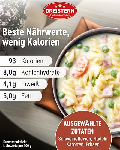 DREISTERN Schinkennudeln 280g I Mit Gemüse in Sauce I Herzhaftes Fertiggericht in Mikrowellenschale I Lange Haltbarkeit dank natürlicher Konservierung I Hausmacher Qualität – Bild 4