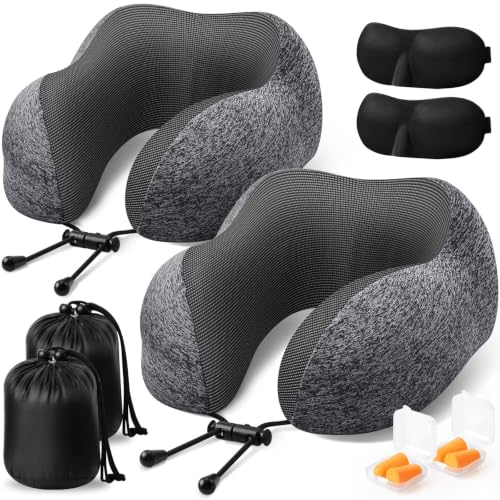 Image of ExploreBliss Travel Pillow, 2 Pack Travel Pillows for Sleeping Airplane, Removable Cover Neck Pillow with Adjustable Clasp, Memory Foam Neck Pillow Set (Dark Grey*2) | Travel Pillows for Airplanes, Neck Pillow Airplane, Memory Foam Neck Pillow Set with Eye Mask, Earplugs