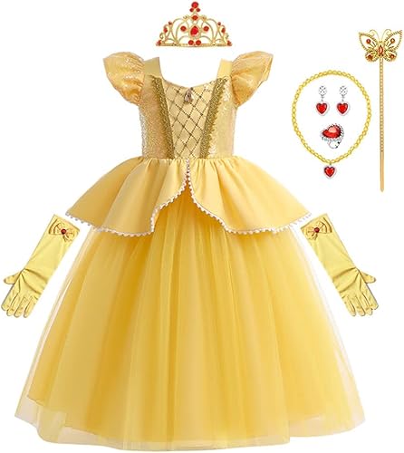 Miniatura 7 de REXREII Disfraz de princesa Bella y la Bestia para niñas, Halloween, Navidad, fiesta de cumpleaños, vestido de noche con accesorios