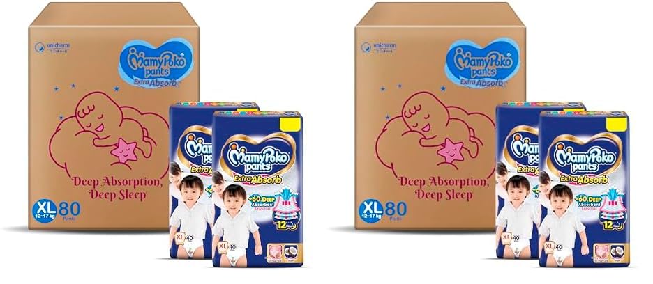 MamyPoko Pants Extra Absorb Baby Diapers, X-Large (XL), 80 Count, 12-17 kg (Pack of 2)
