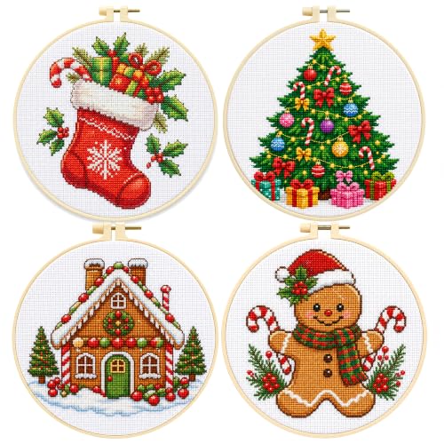 Image of Zhenqing 4 Christmas Cross Stitch Kit, 11CT Stamped Holiday Set | 4 festive 11CT printed designs with 30% extra floss, tools, English guides, and stiffened fabric for hoop-free stitching.