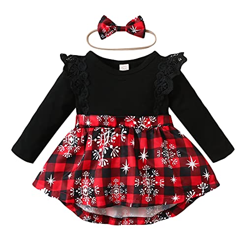 Image of Guodeunh 1st Christmas Outfit Newborn Baby Girl Flutter Lace Long Sleeve Top Floral Skirt Bodysuit Xmas Dress Headband