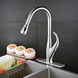 Pull Out Kitchen Faucet, Brushed Nickel Brass Kitchen Sink Faucet with 3-Function Pull Down Sprayer, High Arc Bar Sink Faucet with Single Hole and 3 Hole Deck Mount