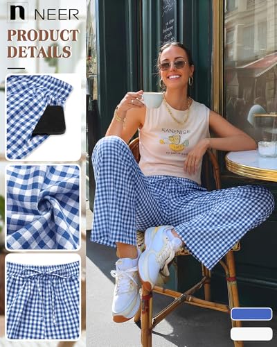 Pantalon de pyjama à carreaux avec cordon de serrage pour femme coupe large en coton