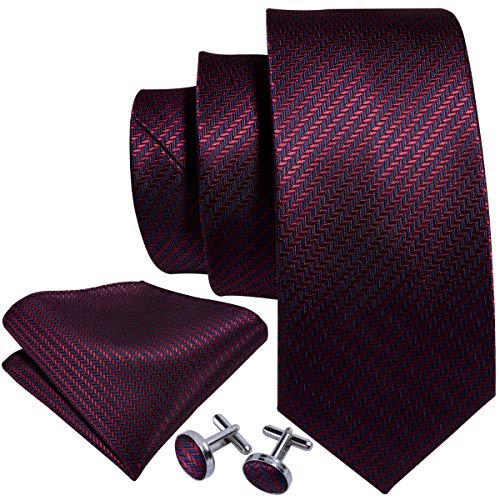Barry.Wang Herren-Krawatte aus massiver Seide, Einstecktuch, Manschettenknöpfe, für Hochzeit, Business, formell Gr. Einheitsgröße, burgunderfarben
