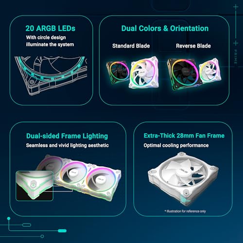 Image of ASUS Prime MR120 ARGB Reverse Fan White Single Pack, 28mm Extra-Thick Frame, Quiet, high-Performance Cooling with PWM Control, 20 ARGB LEDs with Dual-Sided Frame Lighting, Aura Sync Compatibility