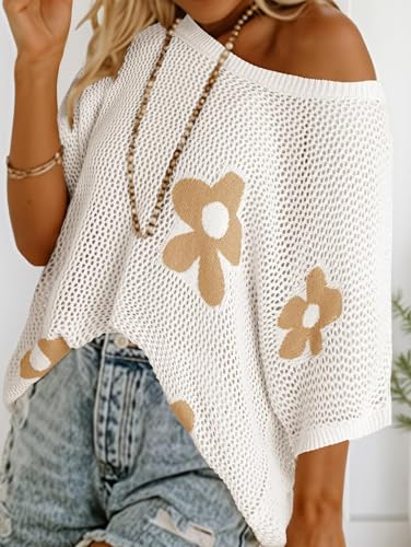 Womens Off Shoulder Tops 3/4 Sleeve Summer Crochet Pullover Sweaters Hollow Out Floral Printed Knitted Top