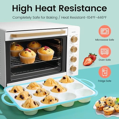 Silicone Muffin Pans for Baking 2 Pack, 2.6 Inch with Metal Reinforced Frame, Regular Size Nonstick Cupcake Pan 12 Cups for Baking Homemade Muffins, Dishwasher Safe BPA Free-Blue - Thumbnail 4