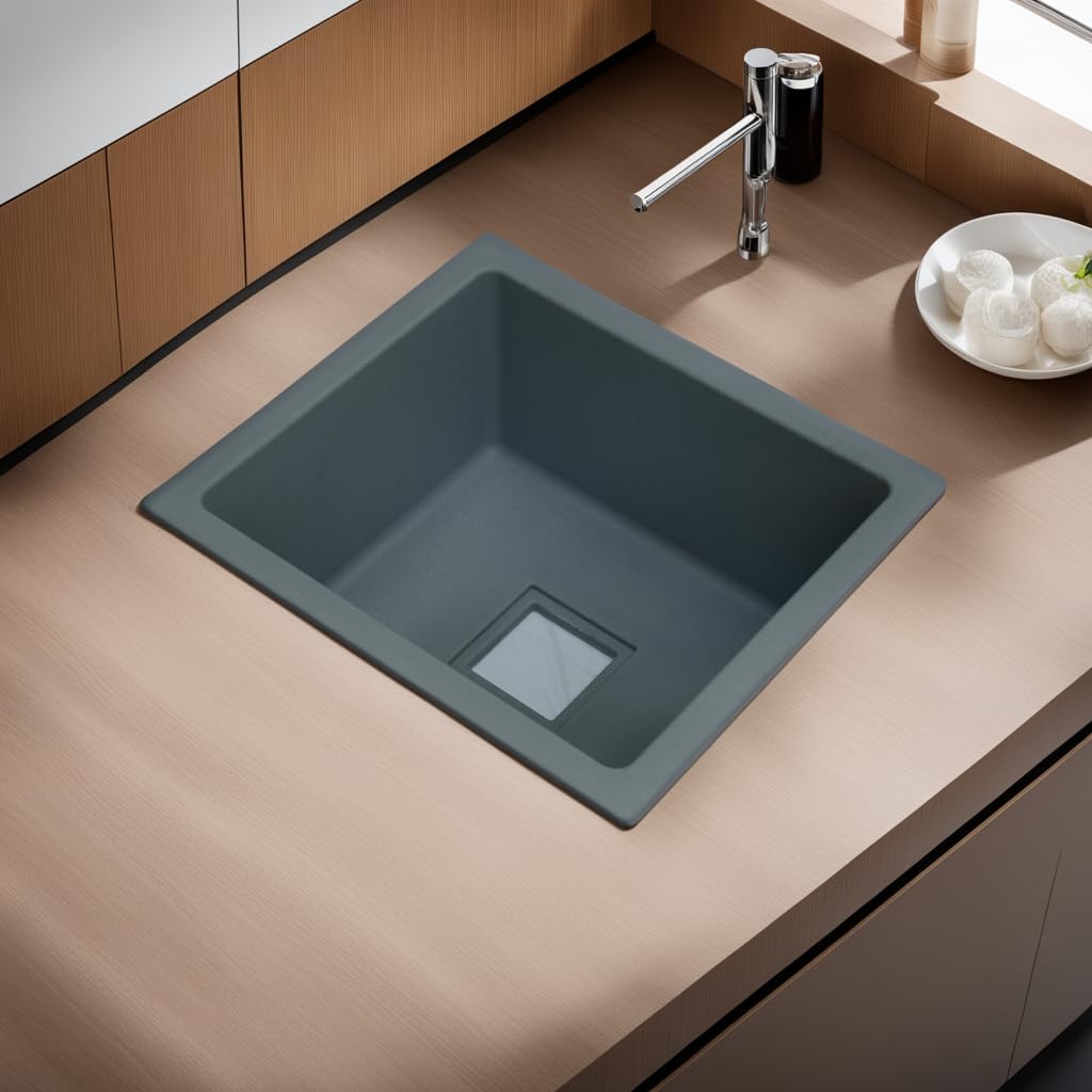 REMANENCE Granite Quartz Single Bowl Kitchen Sink With Drain Board, Drain Rack and PVC Waste Pipe-Flushmount/Undermount/Top Mounted Kitchen Sink (Grey, 16 x 18 x 9 Inches)-image-37