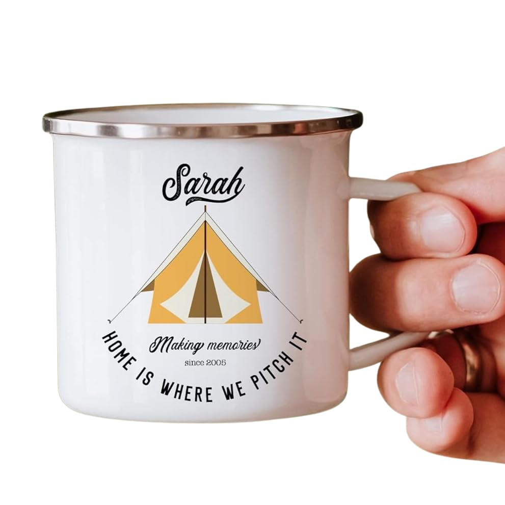 Tent Enamel Camp Mug | Personalised Camper Gift | His and Hers | Couple Travel Present | Accessories Camping | Home is Where We Pitch It