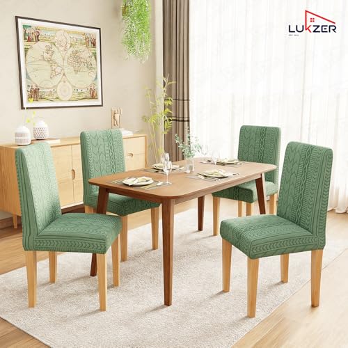Image of Lukzer Elastic Dining Chair Cover - 1PC Pastel Green Zigzag Pattern | Textured High Stretch Jacquard Seat Cover | Removable Washable Short Dining Chair Cover Protector Seat Slipcover | (CC-076-1)