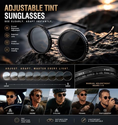 Image of Glaceon 1-9 Gears Adjustable Tint Sunglasses, Rounded Polarized Glasses with ND Filter Lenses, Polarized Sunglasses for Men, Lightweight Sun Glasses with UV Protection for Driving Fishing