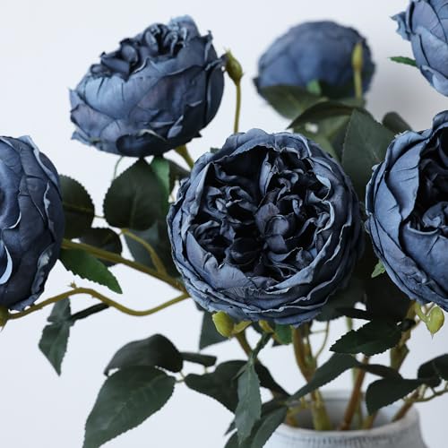 Image of mizii 6Pcs Burnt Blue Artificial Roses Flowers Fake Silk Roses Flower with Long Stem for Wedding Decorations Table Centerpieces Flower Arrangement Home Decor (Burnt Blue)