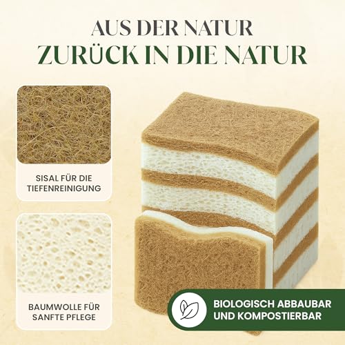 Biologisch Abbaubarer Spülschwamm 12er Set – Kompostierbarer Naturschwamm Aus Sisalfaser und Baumwolle, Umweltfreundlicher Putzschwamm – Geruchloser Küchenschwamm, Küchenschwamm, Schwamm nachhaltig