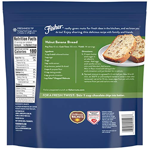 Image of Fisher Chef's NaturalsChopped Walnuts 2 Lb,100% CaliforniaUnsaltedWalnuts for Baking&Cooking,Healthy Snacks for Adults,ResealableBag,Vegan Protein,Keto Snack,Chopped Nuts,Topping, 32 Oz (Pack of 3)