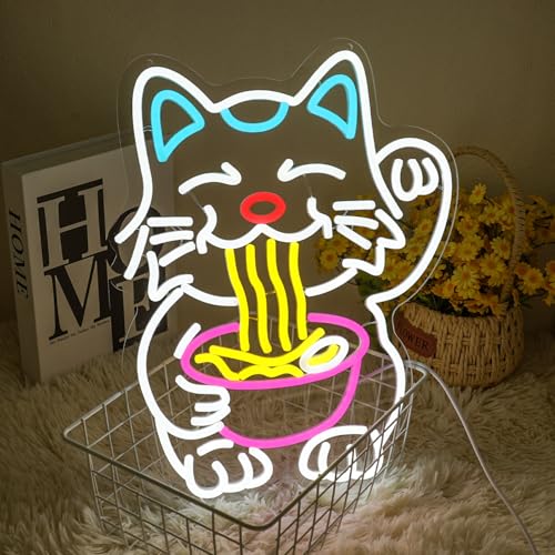 Image of Fortune Cat Ramen Neon Sign for Wall Decor, Dimmable Lucky Cat Neon Light, Japanese Noodles Led Signs for Restaurant, Kitchen, Home, Pub, Dinning Room