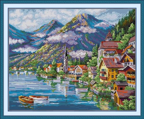 Image of Howie's Cross Stitch Kits, 14CT Pre-Printed Pattern Embroidery Set Needlework, Full Range of Stamped Starter Kits(Alpine Village, 21.26 x 17.32 inch)
