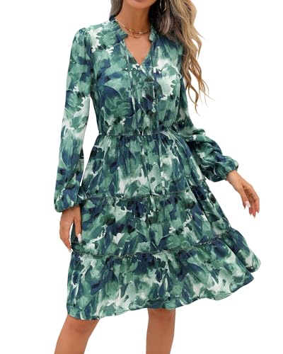 BTFBM Women Fall Dresses 2025 Floral V Neck Long Sleeve Tiered Ruffle Boho Swing Flowy A-Line Mini Dresses Vacation(Green Floral,Small)