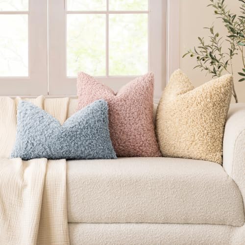 Image of Foindtower Set of 2 Curly Teddy Wool Pillow Covers Decorative Boucle Textured Lumbar Throw Pillow Faux Fur Sherpa Pillowcases Sheepskin Fuzzy Cushion Case for Sofa Bedroom Car 12 inchx20 inch Dusty Rose