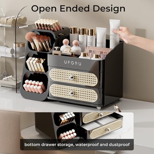 Image of UFORU Makeup Organizer for Vanity with Brush Holder, Large Capacity Bathroom Countertop Skincare Organizer with 2 Drawers, Cosmetic Display Case for Perfumes, Eyeshadow Palettes, Nail Polishes