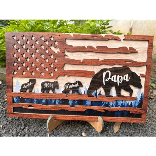 Personalized Papa American Flag Wood Sign With Kids Name; Custom Grandpa Wood Signs; Papa Gifts;...