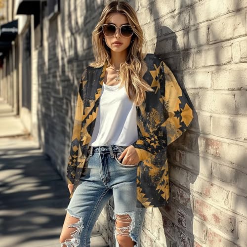 Image of Women's Aztec Open-Front Jacket Lightweight Casual Outerwear Native Western Aztec Pattern & Plaid Houndstooth Print