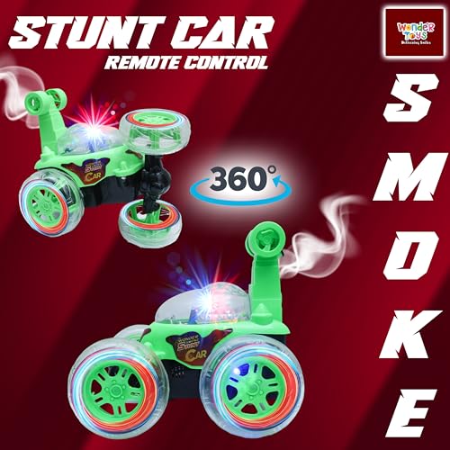 Image of Wonder Stunt Rc Car | Smoke Function and Led Lights | Abs Plastic Body | 360 Degree Spinning Wheels Rechargeable Battery Type C Charging | Remote Control Toy for Kids - Green