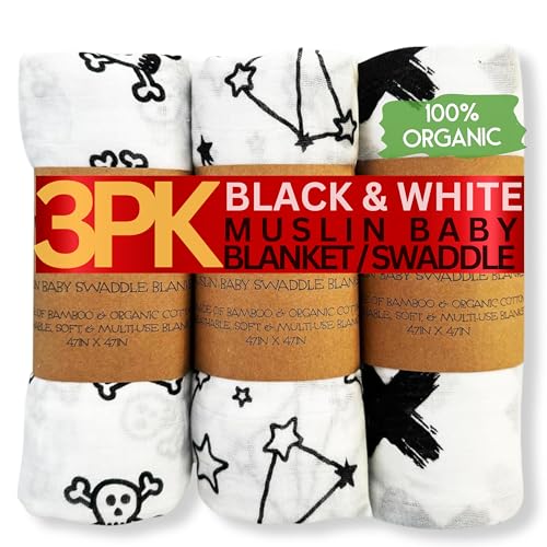 Image of Iron Lily Muslin Swaddle Blankets for Baby Boys & Girls -70% Rayon derived from Bamboo 30% Cotton Black & White Muslin Blanket Baby Receiving Muslim Infant Wrap Swaddles Skull, Stars, Plus/X Signs,3pk