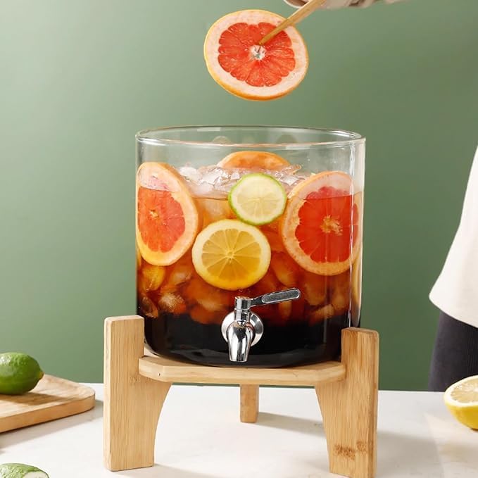 LEOMORD Glass Beverage Dispenser with Bamboo Stand and Spigot, 2.5L Capacity, Wide Mouth Design, for Iced Water, Juice, Lemonade 1