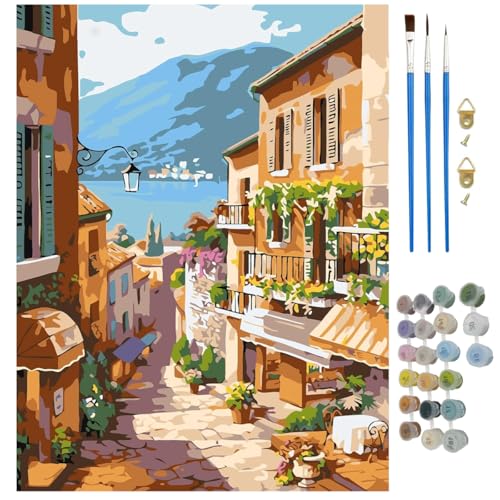 Image of HASTHIP DIY Paint By Numbers Kit For Adults, Pre-Framed European Town Scenery Canvas With Acrylic Paints & Brushes, Beginner-Friendly Art Kit For Wall Decor & Gift, 16X20 Inch(No Frame), Multicolor