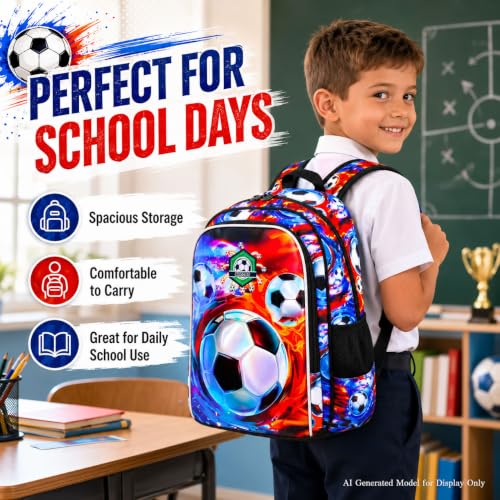 Image of 17 inch Soccer Backpack for Boy, 3Pcs Football School Backpacks with Lunch Box, Kids Bookbag for Elementary Preschool Kindergarten(Ice and Fire)