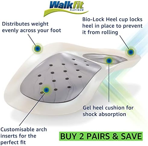 WalkFit Platinum Orthotic Insoles for Women UK3/4 - Men UK3 - EU36/37 - Pain Relief Foot Arch Support Shoe Inserts - Treat Plantar Fasciitis - Relieve Feet Back Hip Leg and Knee Pain - Buy 2 and Save