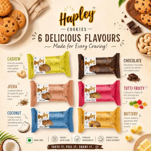 Image of Hapley Assorted Cookies Bundle Pack | Cashew, Chocolate, Jeera, Tutti Frutti, Coconut & Butter Cookies | No Palm Oil Cookie Gift & Tea-Time Snack Pack, Pack of 12 x 50g