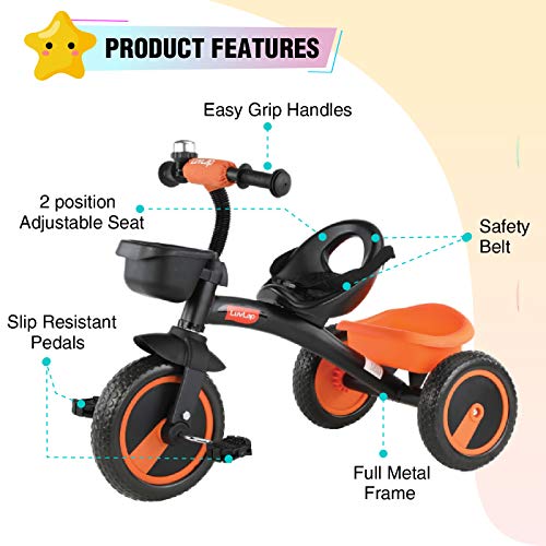 Image of Luvlap Joy Baby Cycle / Tricycle For Kids, 3 To 5 Yrs, Upto 25 Kg, Adjustable Safety Belt, Front & Rear Baskets, 2 Position Adjustment (Orange)