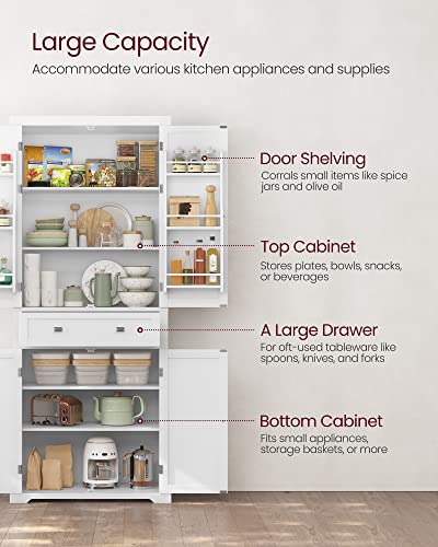 VASAGLE-Kitchen-Pantry-Storage-Cabinet-719-Inch-Tall-Freestanding-Cupboard-with-1-Large-Drawer-6-Hanging-Shelves-for-Dining-Room-Living-Room-Laundry-White