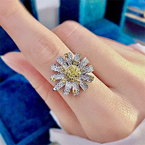 925 Sterling Silver Full Diamond Ring Flower Citrine Ring Square Cut 3Ct Cubic Zirconia Promise Rings CZ Yellow Gem Cocktail Rings Eternity Engagement Wedding Band Ring for Women W.22 (US Code 6)