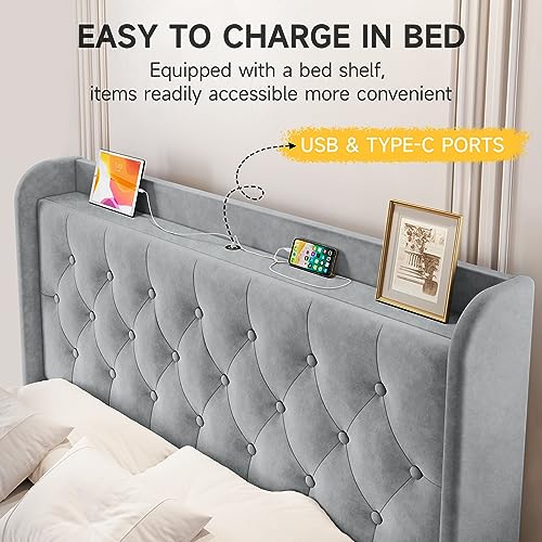 Image of koorlian Full Size Bed Frame, Full Bed Frame with Headboard, Adjustable Velvet Upholstered Bed Frame with Type-C&USB Port, Wingback Storage Headboard, Solid Wood Slats Support, Noiseless, Light Gray
